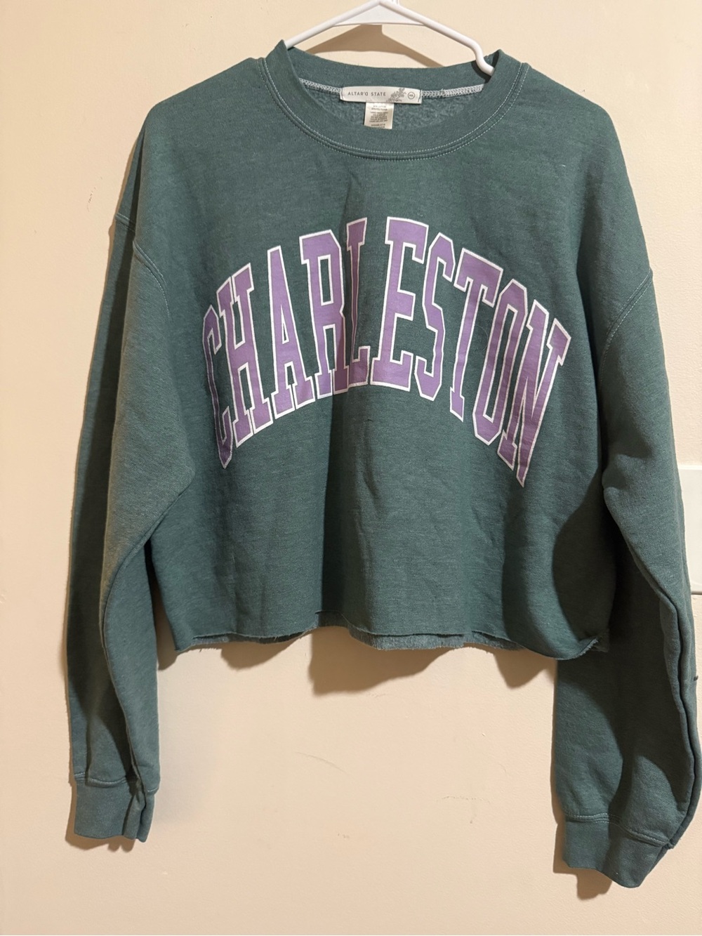 Altar'd State Cropped Crewneck Sweatshirt - Forest Green with Purple Lettering